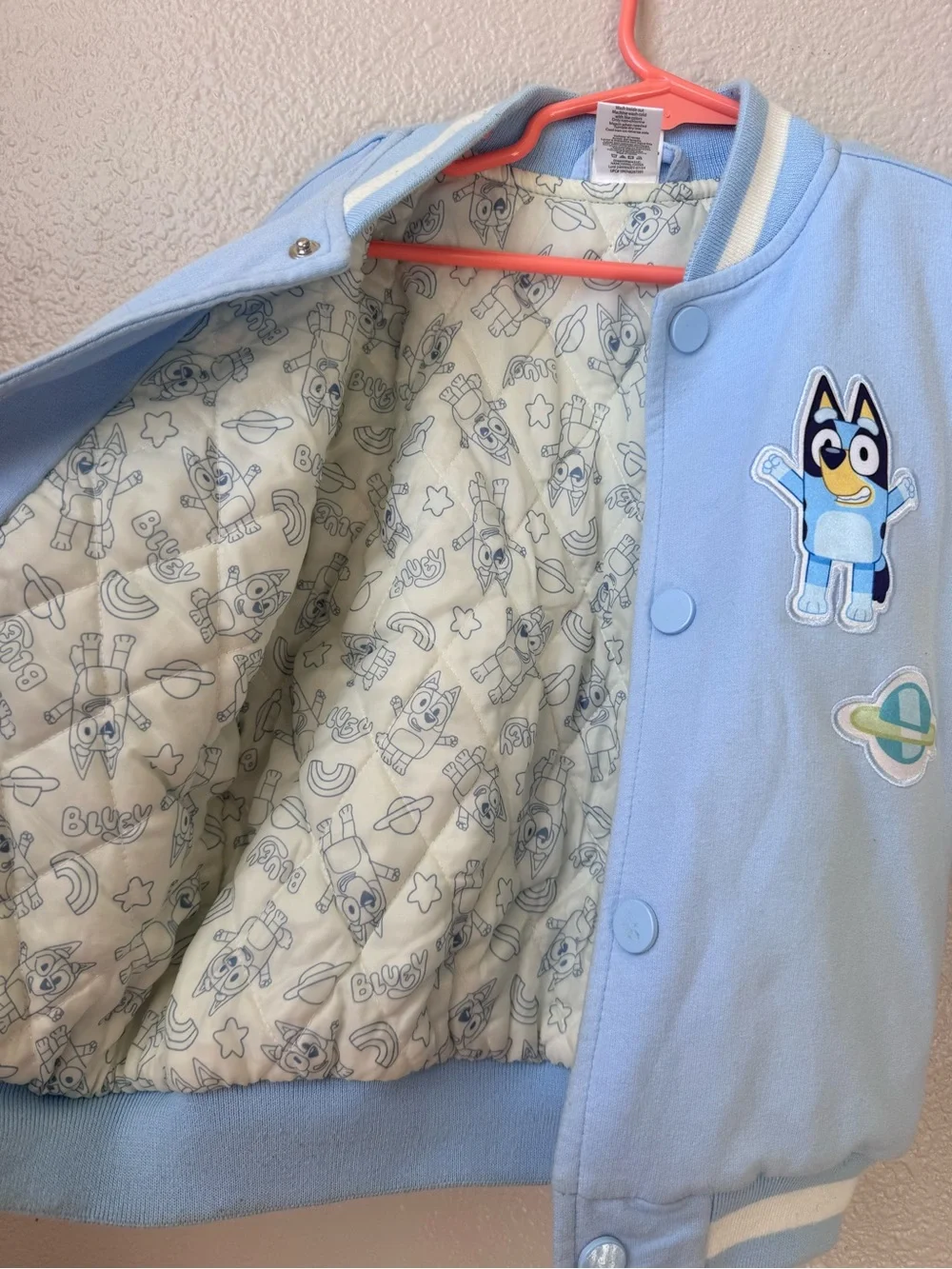 Bluey Toddler Varsity Jacket 4T Quilted Snap Front Blue & White Cartoon Coat